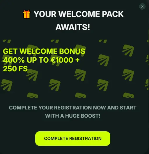 BetNjet registration popup with 400% welcome bonus up to €1000 and 250 free spins.
