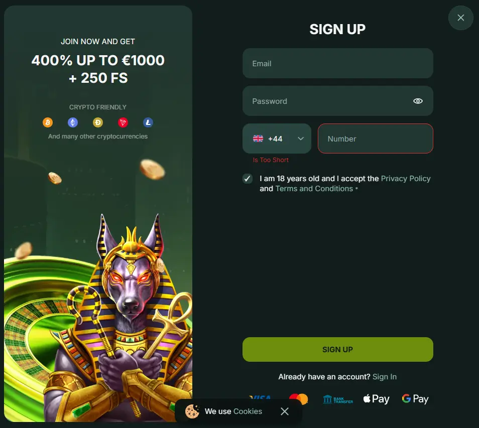 BetNjet sign up form featuring Anubis and 400% bonus for new account registration.