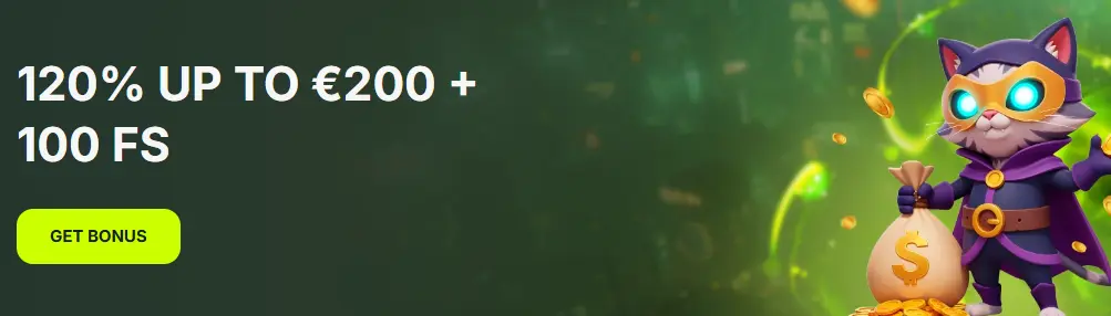 BetNjet casino bonus banner with a cat character offering 120% up to €200 and 100 free spins.