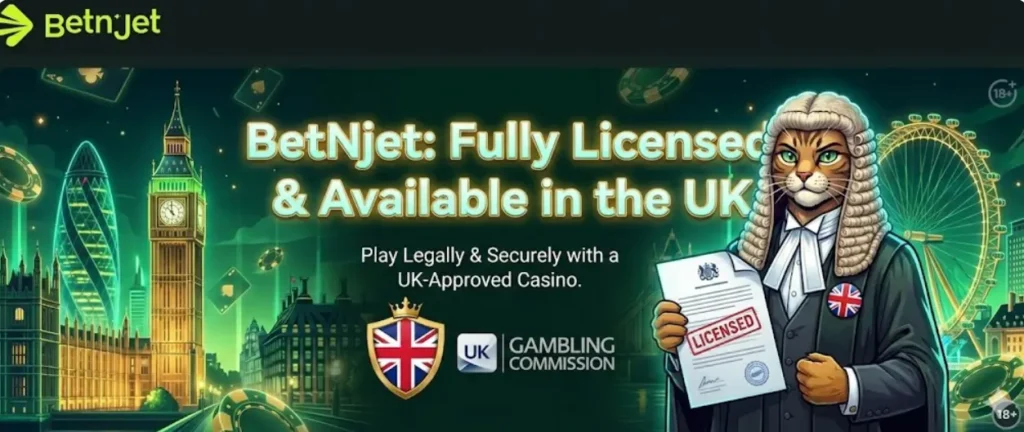 BetNjet UK license banner showing UKGC approval and London landmarks for secure legal gambling.