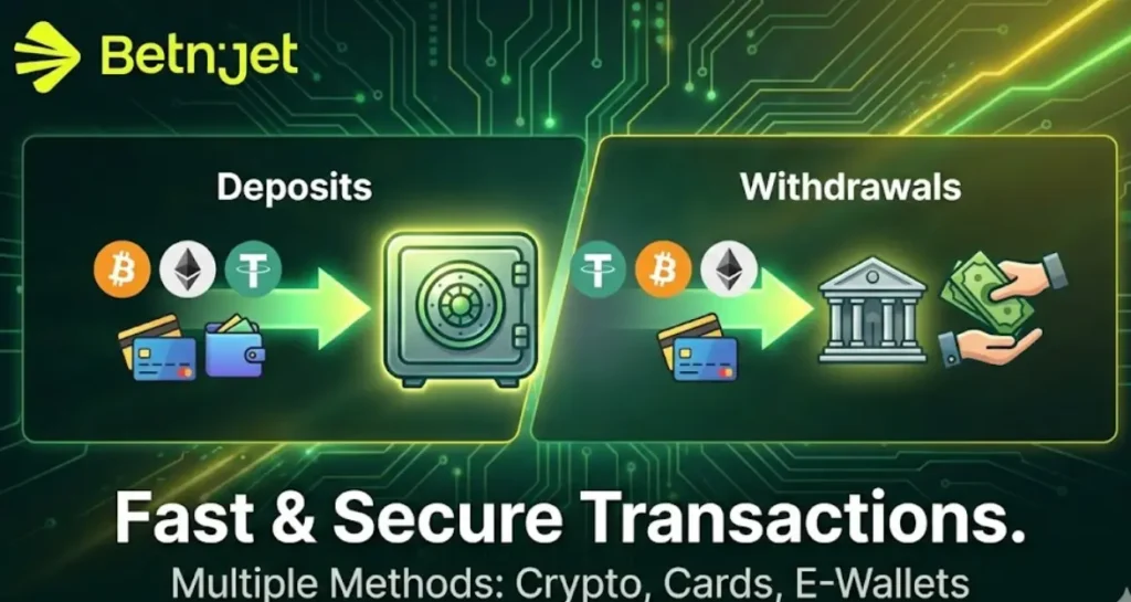 BetNjet casino payment methods banner showing fast and secure transactions for deposits and withdrawals.