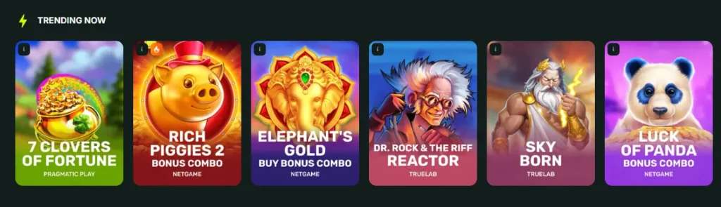 BetNjet casino Trending Now section displaying currently popular slot games for players.