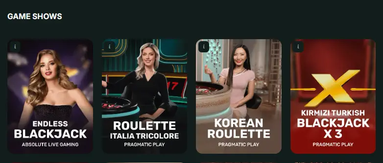 BetNjet Game Shows section displaying various live casino games for player entertainment.