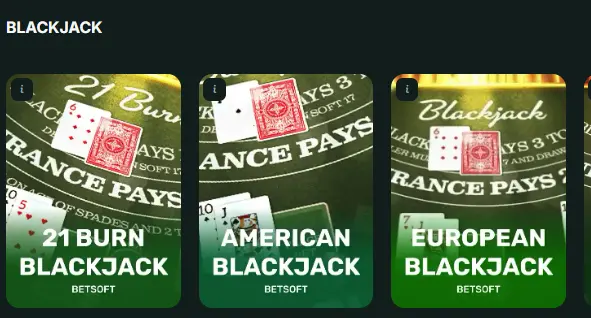 BetNjet Blackjack section showing 21 Burn, American, and European Blackjack games by Betsoft.