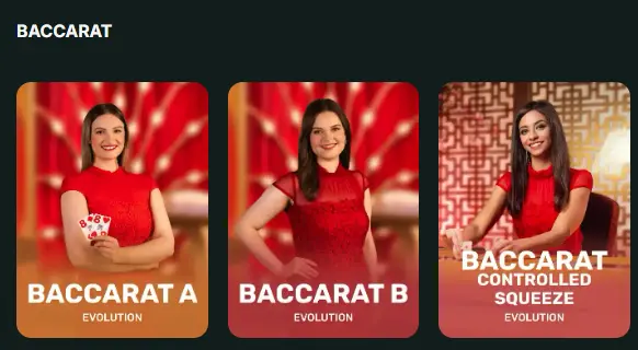 BetNjet Baccarat section with Evolution live games like Baccarat A and Controlled Squeeze.