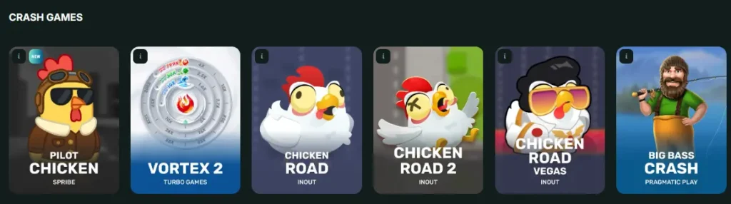 BetNjet Crash Games section featuring Pilot Chicken and Big Bass Crash for instant wins.