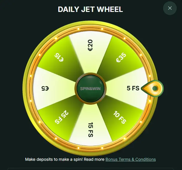 BetNjet Daily Jet Wheel bonus game offering free spins and cash for deposits.