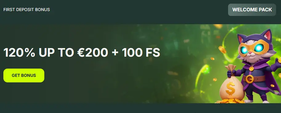 BetNjet 120% bonus banner up to €200 plus 100 free spins with cat mascot.
