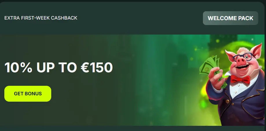 BetNjet banner offering a 10% extra first-week cashback up to €150 for loyal players.