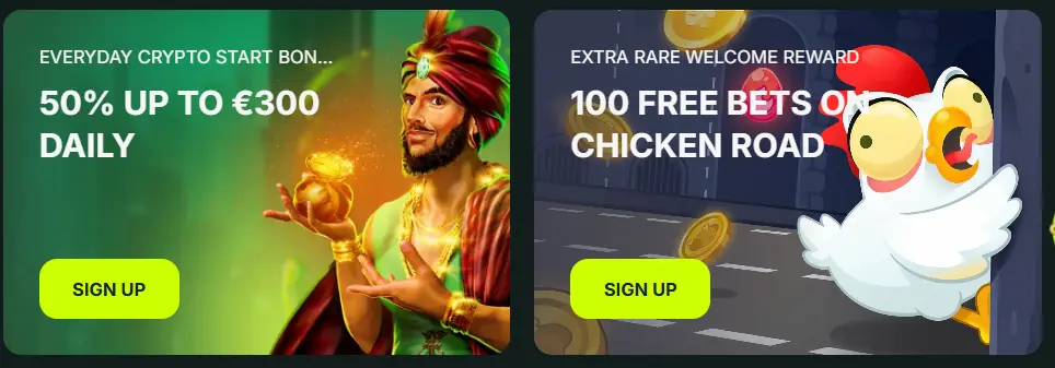 BetNjet banners showing a 50% crypto bonus and 100 free bets on Chicken Road game.