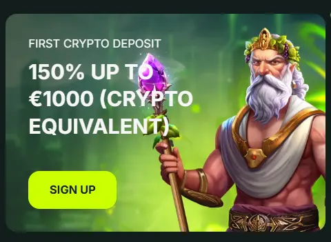 BetNjet first crypto deposit bonus banner with 150% up to €1000 and a Zeus character.