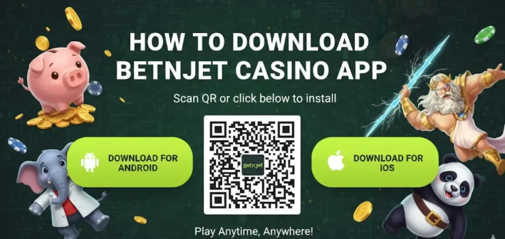 BetNjet app download banner with QR code and mobile store buttons for quick user installation.