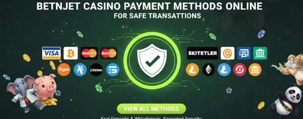 BetNjet secure payment methods banner with Visa, Bitcoin, and Mastercard for safe transactions.