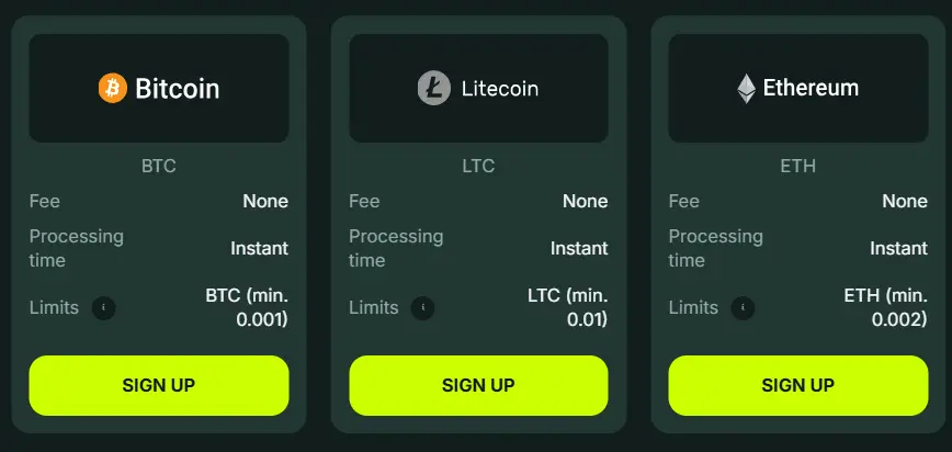 BetNjet crypto deposit options for Bitcoin, Litecoin, and Ethereum with instant processing time.