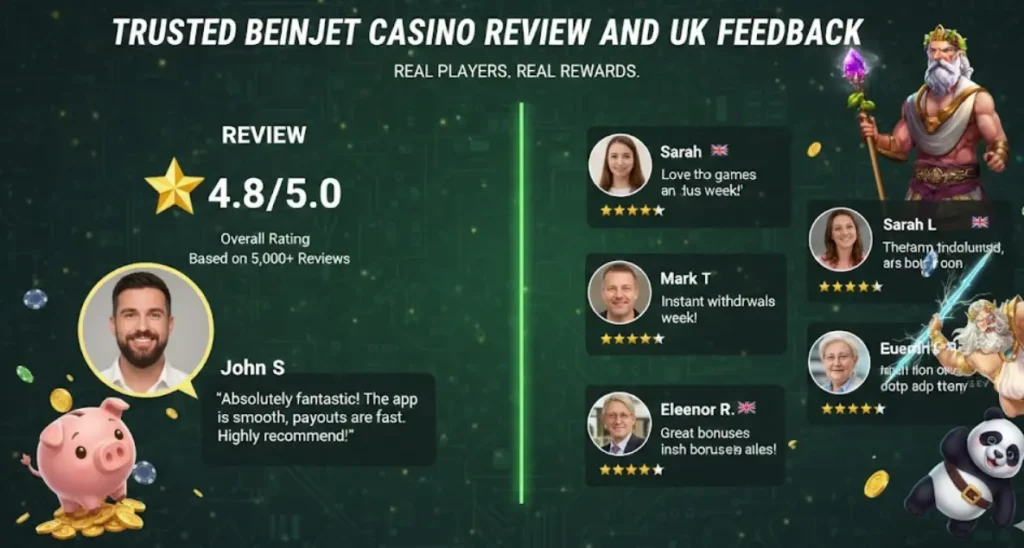 BetNjet feedback banner showing a 4.8/5.0 rating and reviews from UK players.