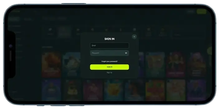BetNjet sign-in popup on a horizontal smartphone screen showing mobile access.