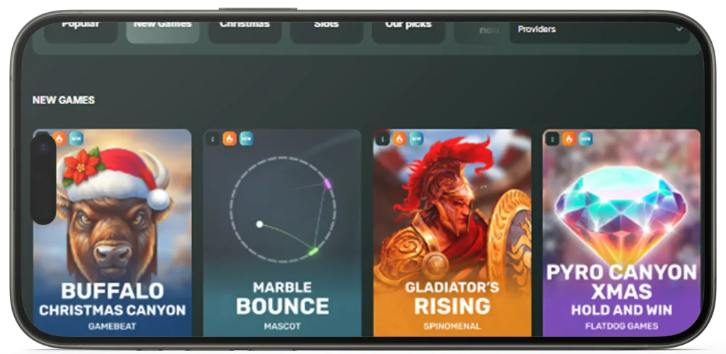 BetNjet mobile New Games section on a horizontal smartphone screen showing latest slot titles.