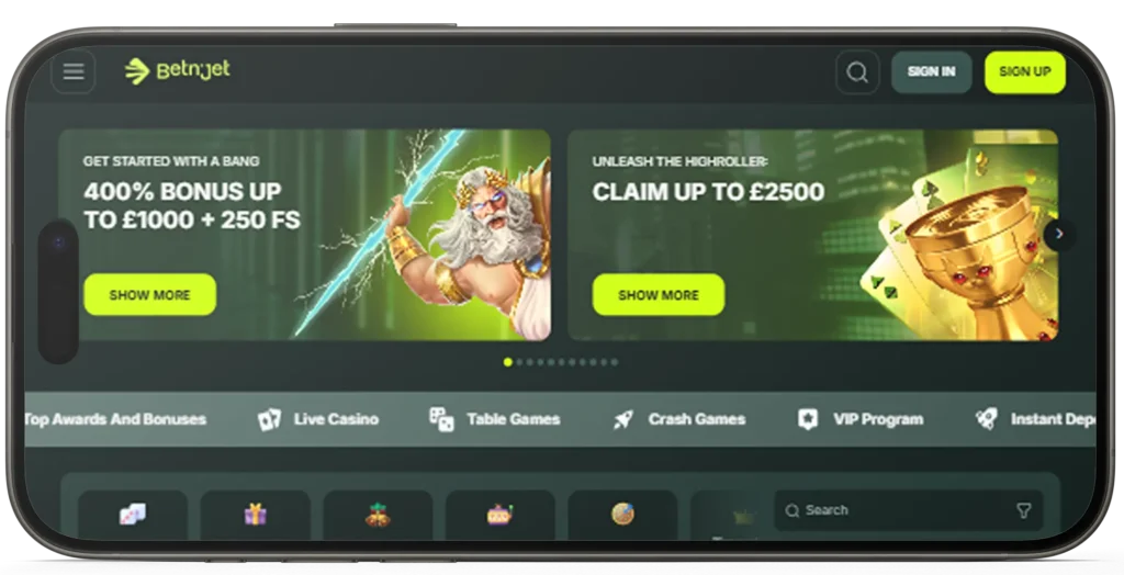 BetNjet casino mobile interface on a smartphone, showing its mobile-friendly design and game sections to demonstrate responsiveness.